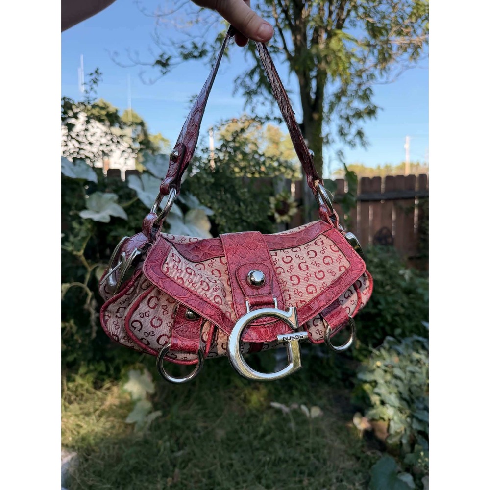 Guess Vintage Red Monogram Baguette Shoulder Bag Faux Croc Trim with Strap Y2K